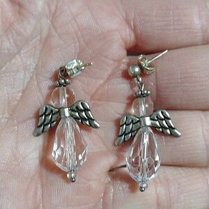 VINTAGE CRYSTAL ANGEL SILVER-TONE DROP DANGLE PUSH-BACK 1.9" EARRINGS